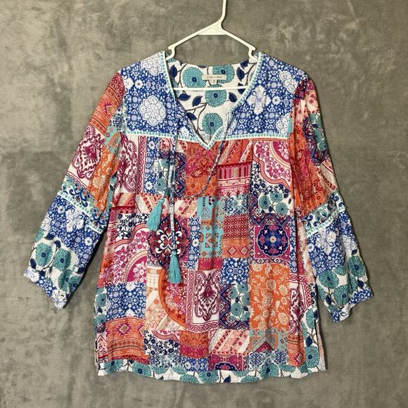 John Mark Top M Floral Sleeves Boho Tassels Patchwork Mixed Media Flowy - Picture 1 of 6